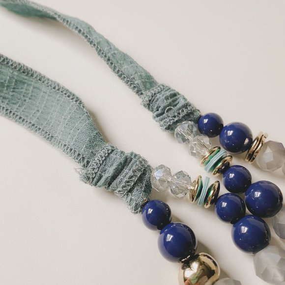 Ann Taylor Factory Boho Chunky Beige Tan Beaded Pastel Teal Ribbon Tie Necklace - Picture 7 of 12